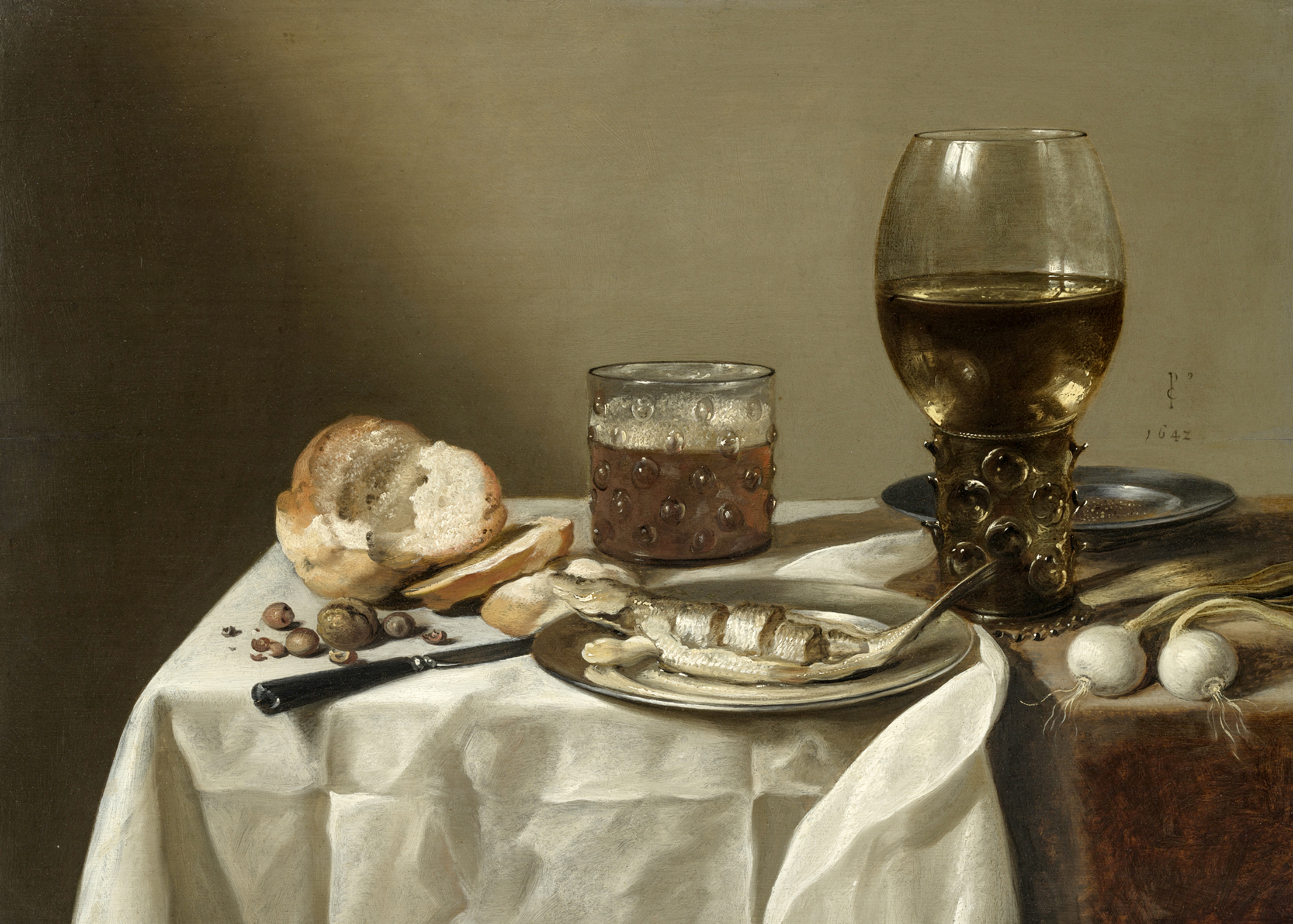 Abbildung eines Gemäldes in der Alten GalerieSchloss Eggenberg. Das Stillleben zeigt einen gedeckten Tisch Fisch auf einem Teller, Weißbrot, Bier, Knollen.